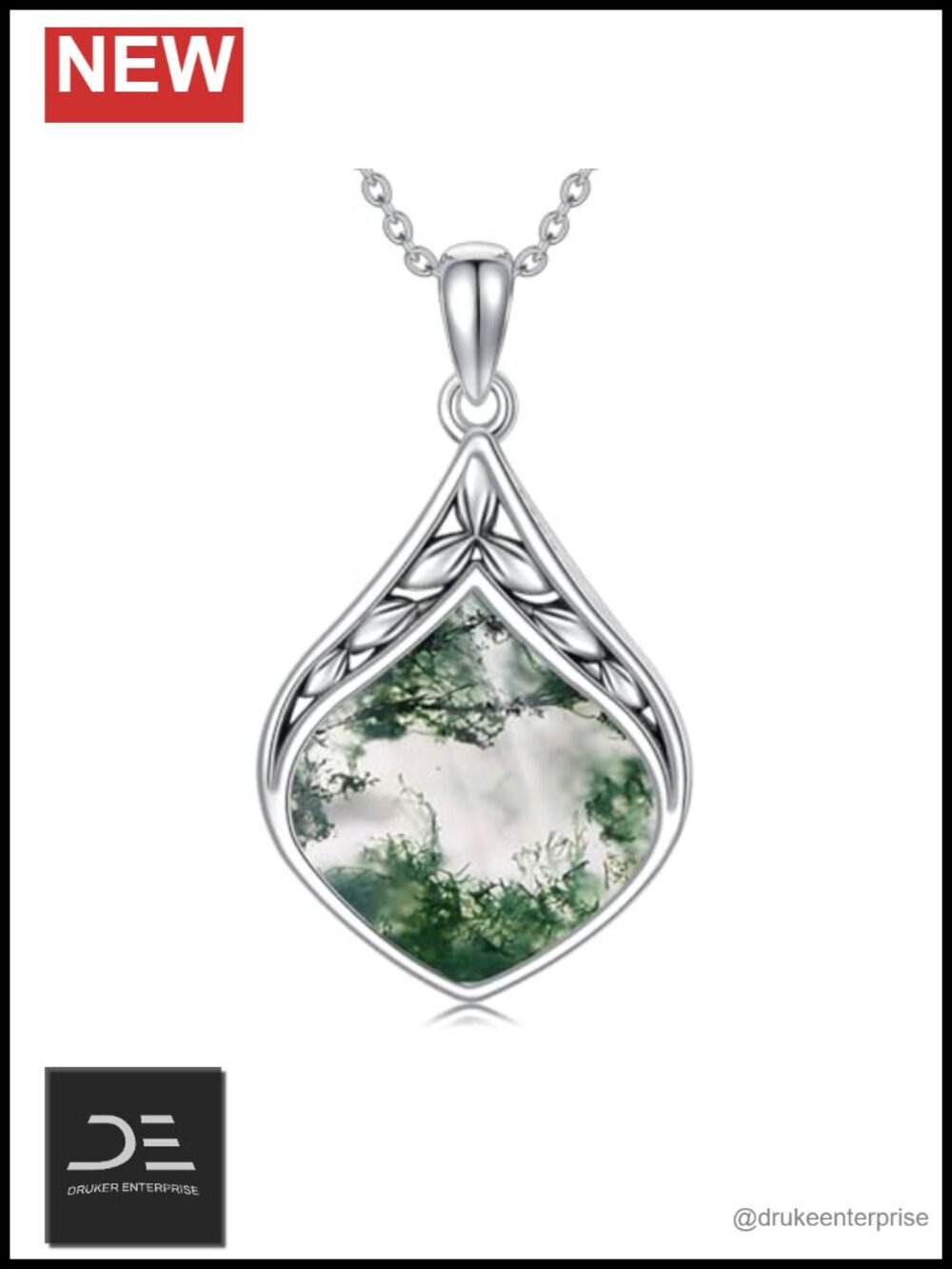 925 Sterling Silver Moss Agate Teardrop Pendant Necklace Natural Gemstone